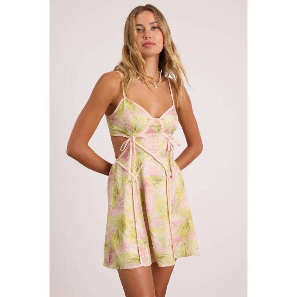 Lulus Farrah Lime Green And Pink Leaf Print Cutout Mini Dress - Size M
